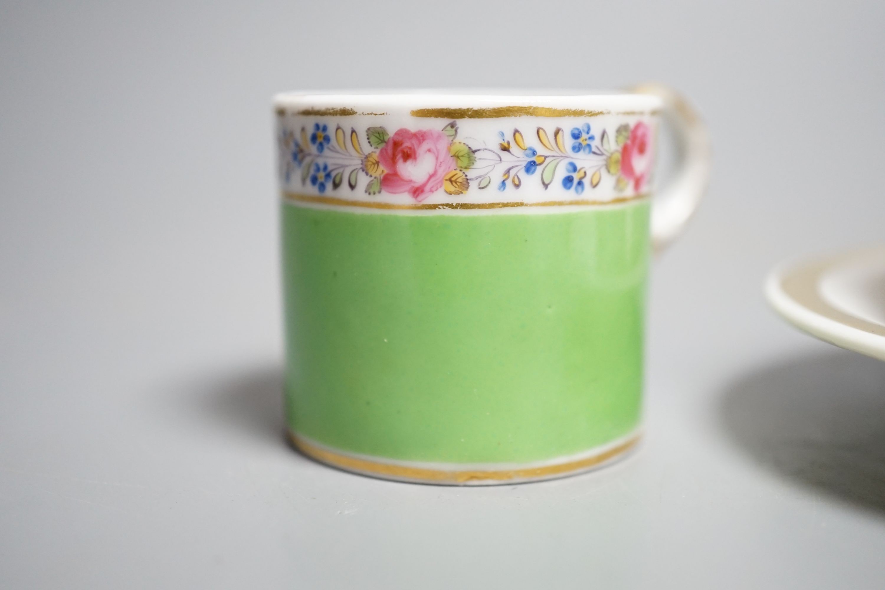 A Chamberlain Worcester miniature Can and Saucer and another Can, c.1820, Provenance - Mona Sattin collection of miniature cups and saucers, collection no.s 99 and 100.